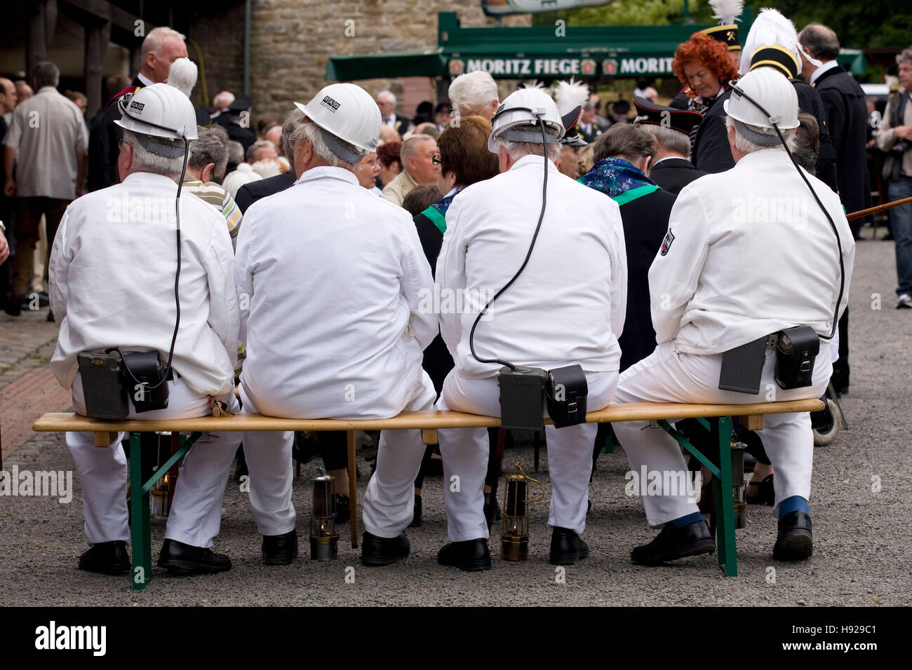 Germany,  Ruhr area, Witten, miners with work clothes at the miners day at the former coal mine Nachtigall. Stock Photo