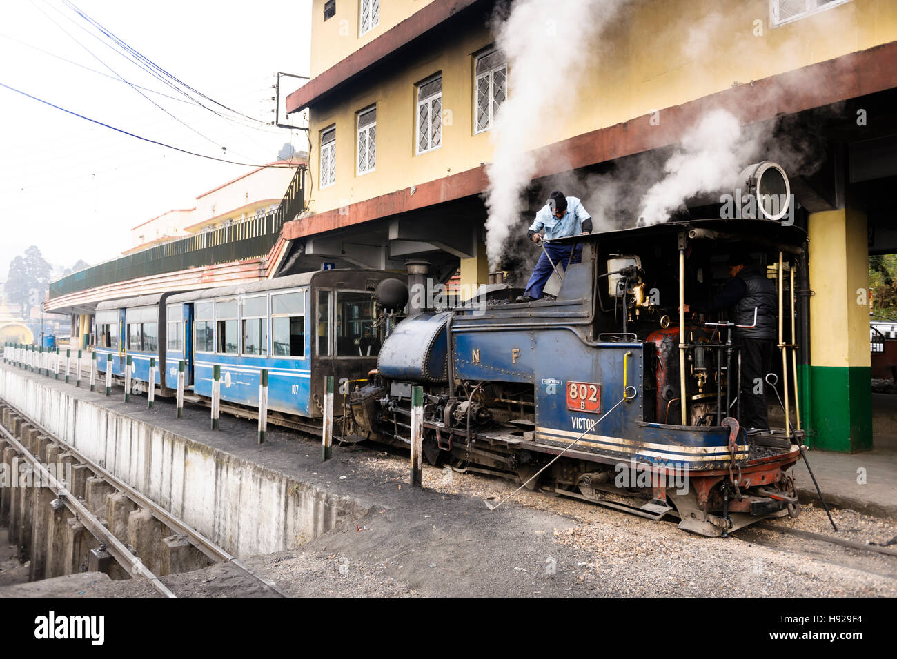 The steam train also referred to as the Toy Train at Darjeeling Railway Station. Stock Photo
