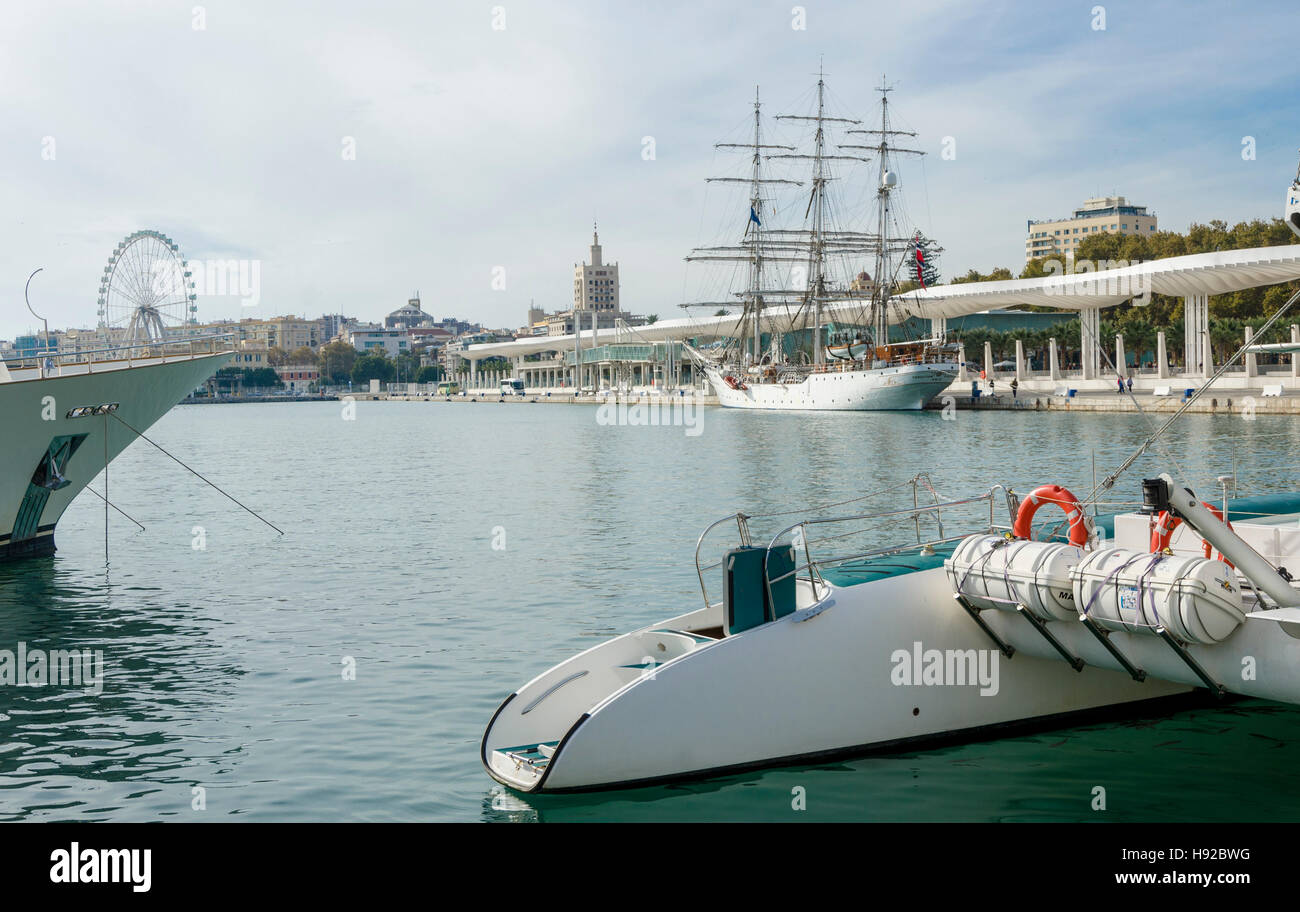 Norwegian sailing ship Christian Radich moored in port of Malaga, Andalusia, Spain Stock Photo