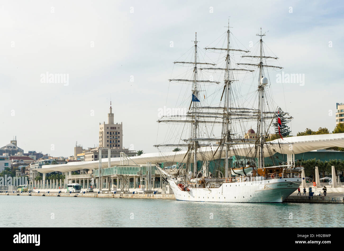 Norwegian sailing ship Christian Radich moored in port of Malaga, Andalusia, Spain Stock Photo