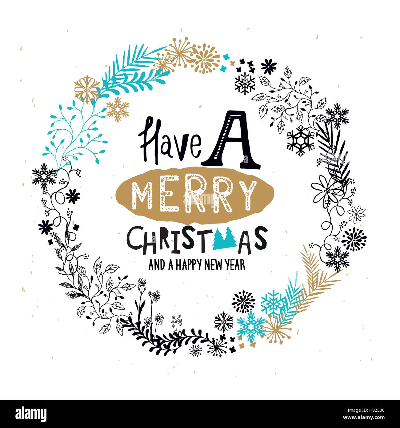 Merry Christmas Wreath with snowflakes and floral patterns. Vector illustration Stock Vector
