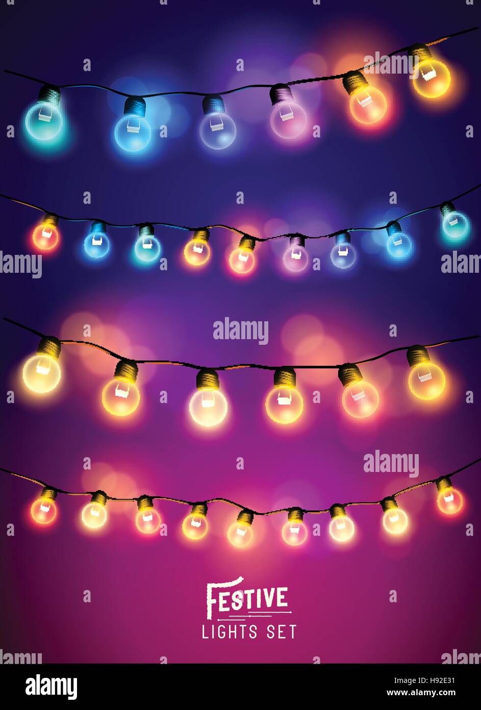 A collection of various colourful and festive fairy lights. Vector