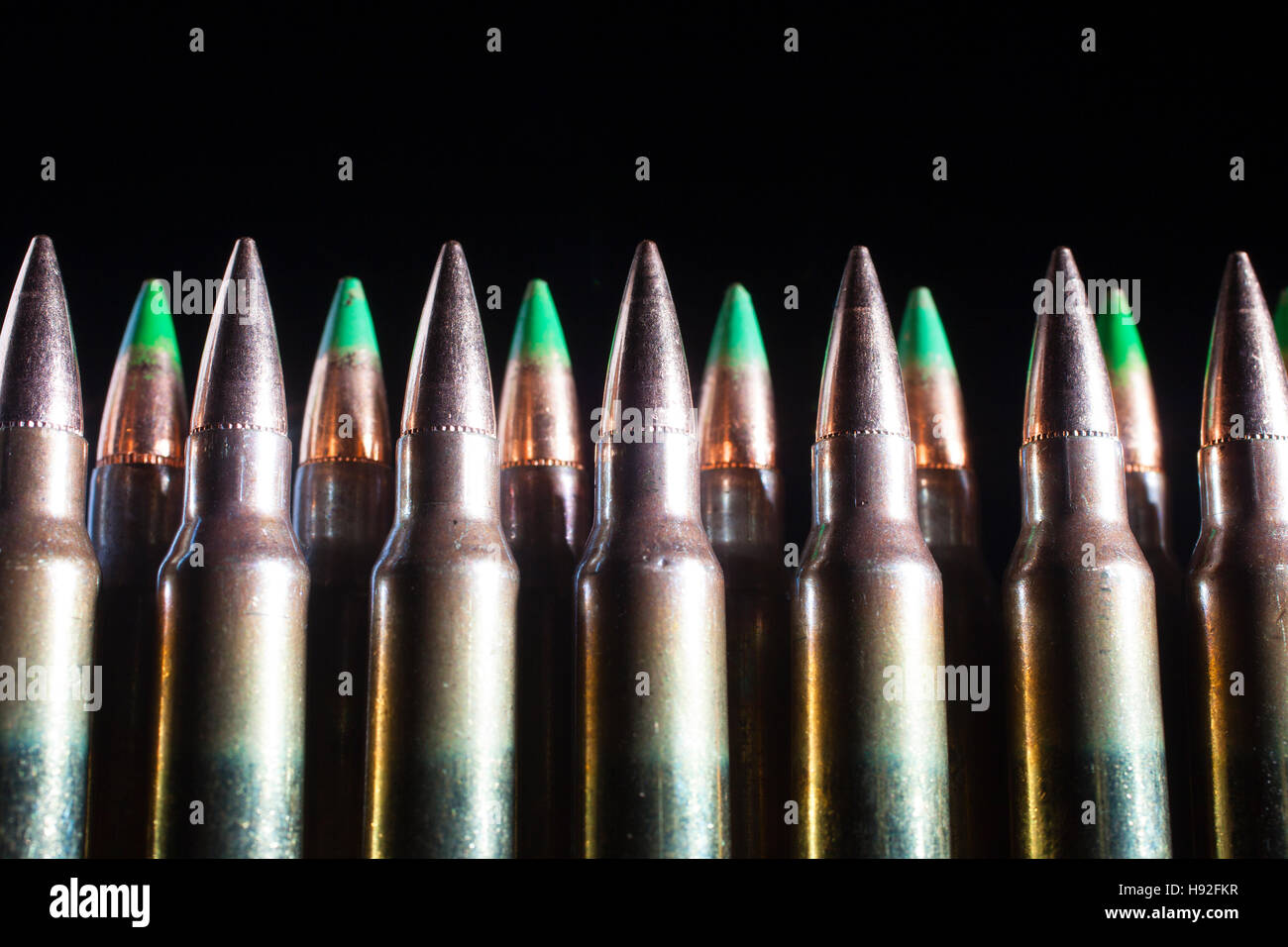 Cartridges loaded with armor piercing bullets some with green tips