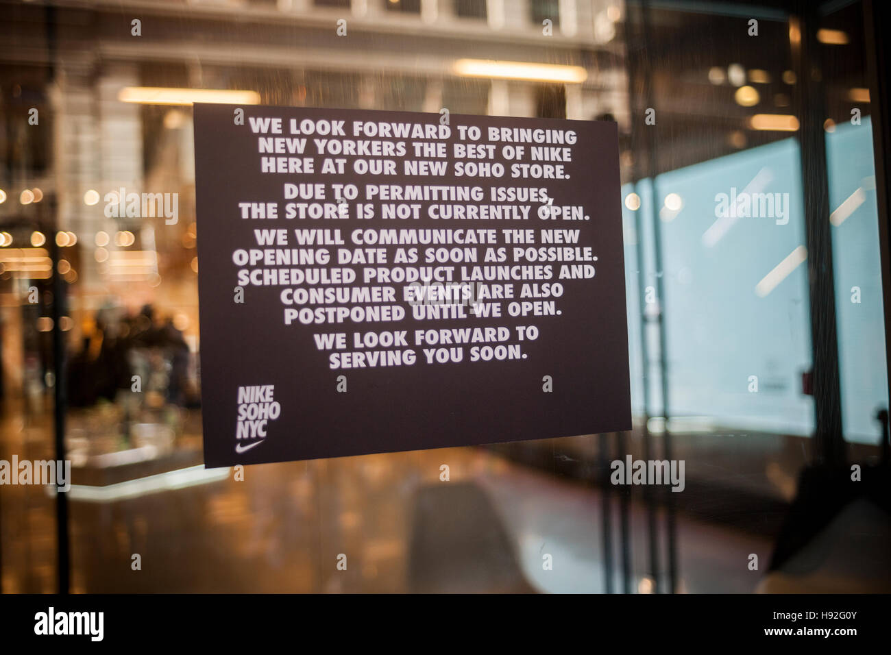 The new Nike store in Soho in New York sees its opening delayed due to unspecified 'permitting issues', seen on Sunday, November 13, 2016. (© Richard B. Levine) Stock Photo