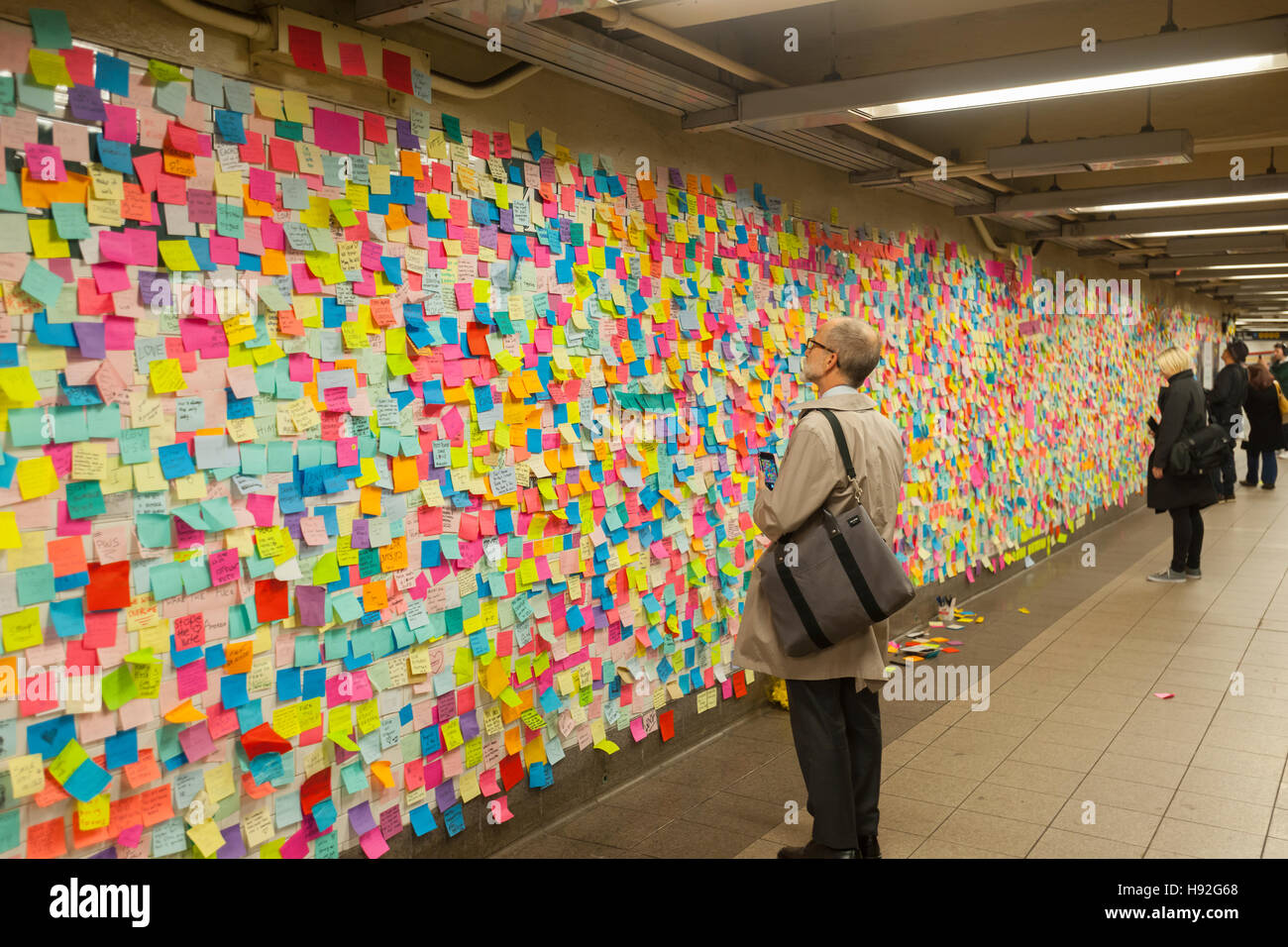 Thousands of travelers write their thoughts about the results of the presidential election on post-it notes in the Union Square subway station in New York, seen on Wednesday, November 16, 2016. Many wrote angry messages and some wrote messages of hope and some now felt they were not alone and part of a community. (© Richard B. Levine) Stock Photo