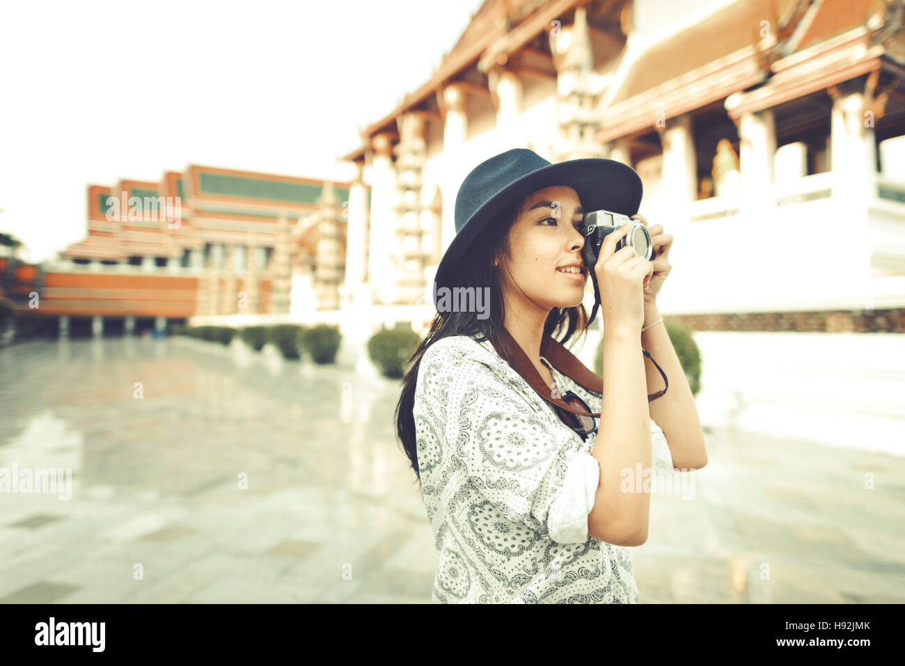 Temple Camera Image Photo Tourist Trip Girl Concept Stock Photo