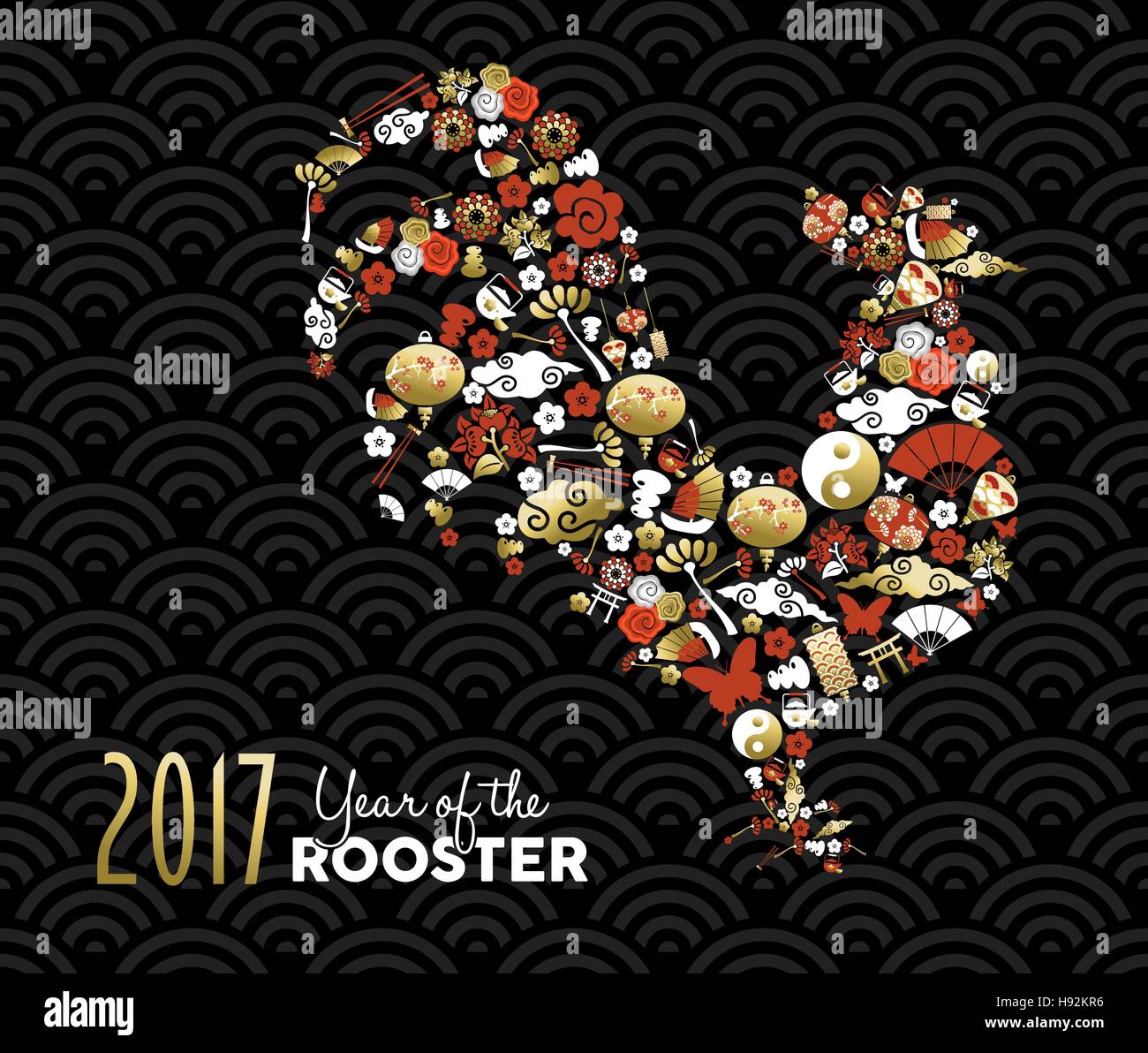 Happy Chinese New Year of the Rooster 2017, greeting card design made of asian culture icons in gold and red color. EPS10 vector. Stock Vector