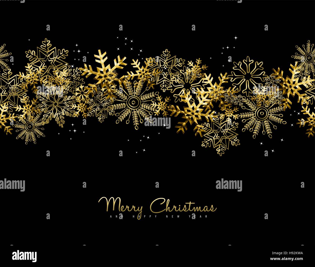 Merry Christmas Happy New Year greeting card design with gold snowflake decoration for holiday season. EPS10 vector. Stock Vector