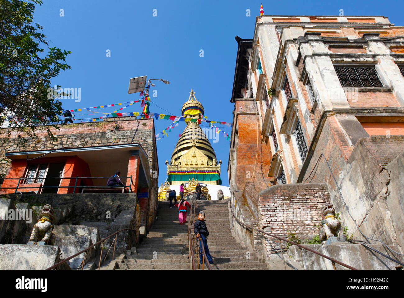 The stairway to the Swayambhunath, also known as Monkey Temple. Kathmandu, Nepal. Stock Photo