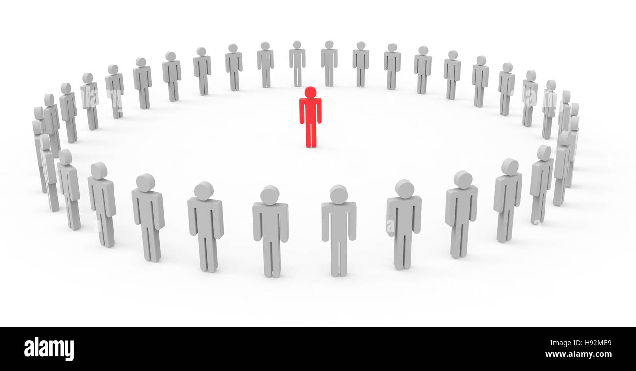 circle of gray men image with red man at the center of it, 3d illustration white background Stock Photo