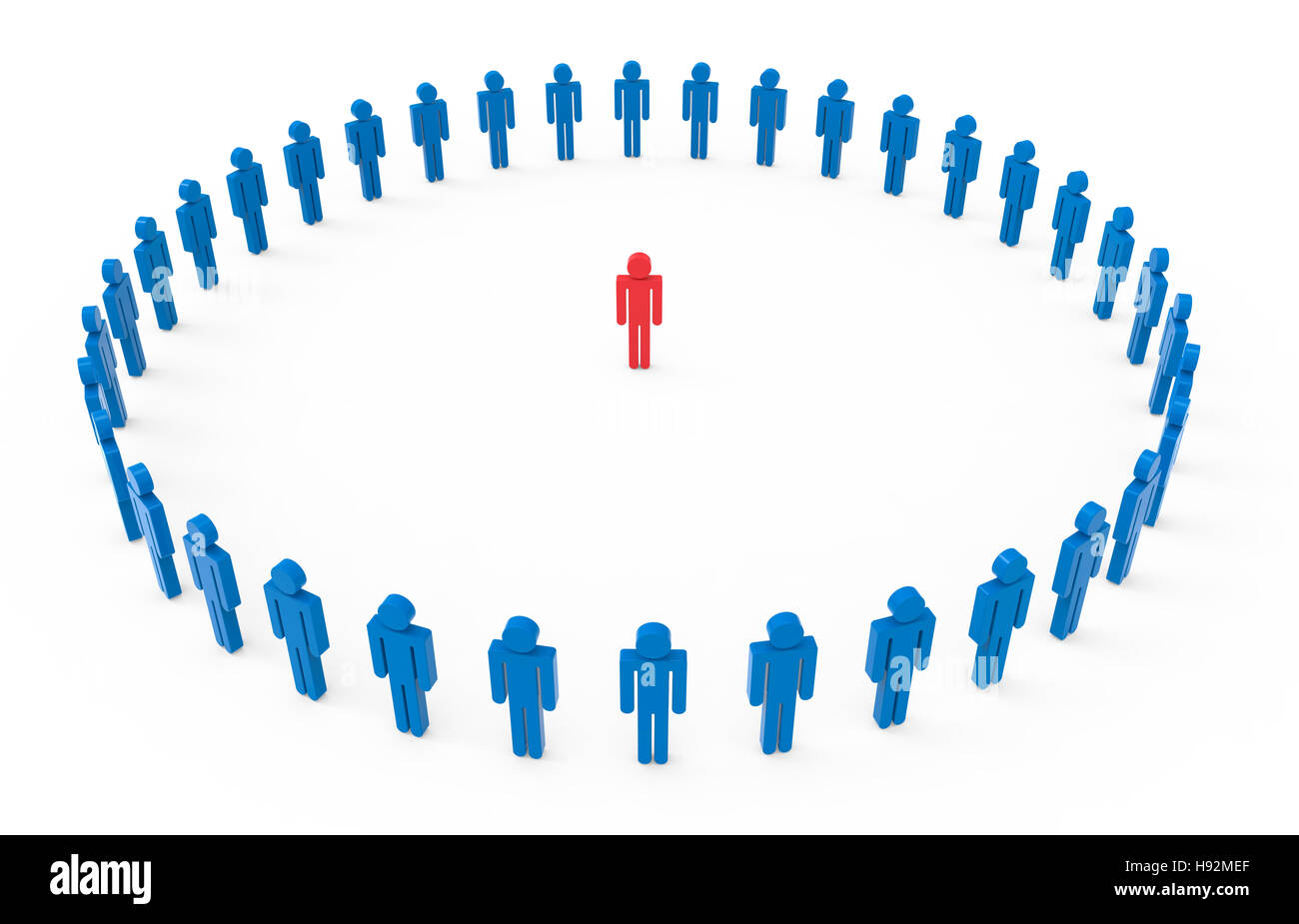 circle of blue men image with red man at the center of it, 3d illustration white background, top view Stock Photo