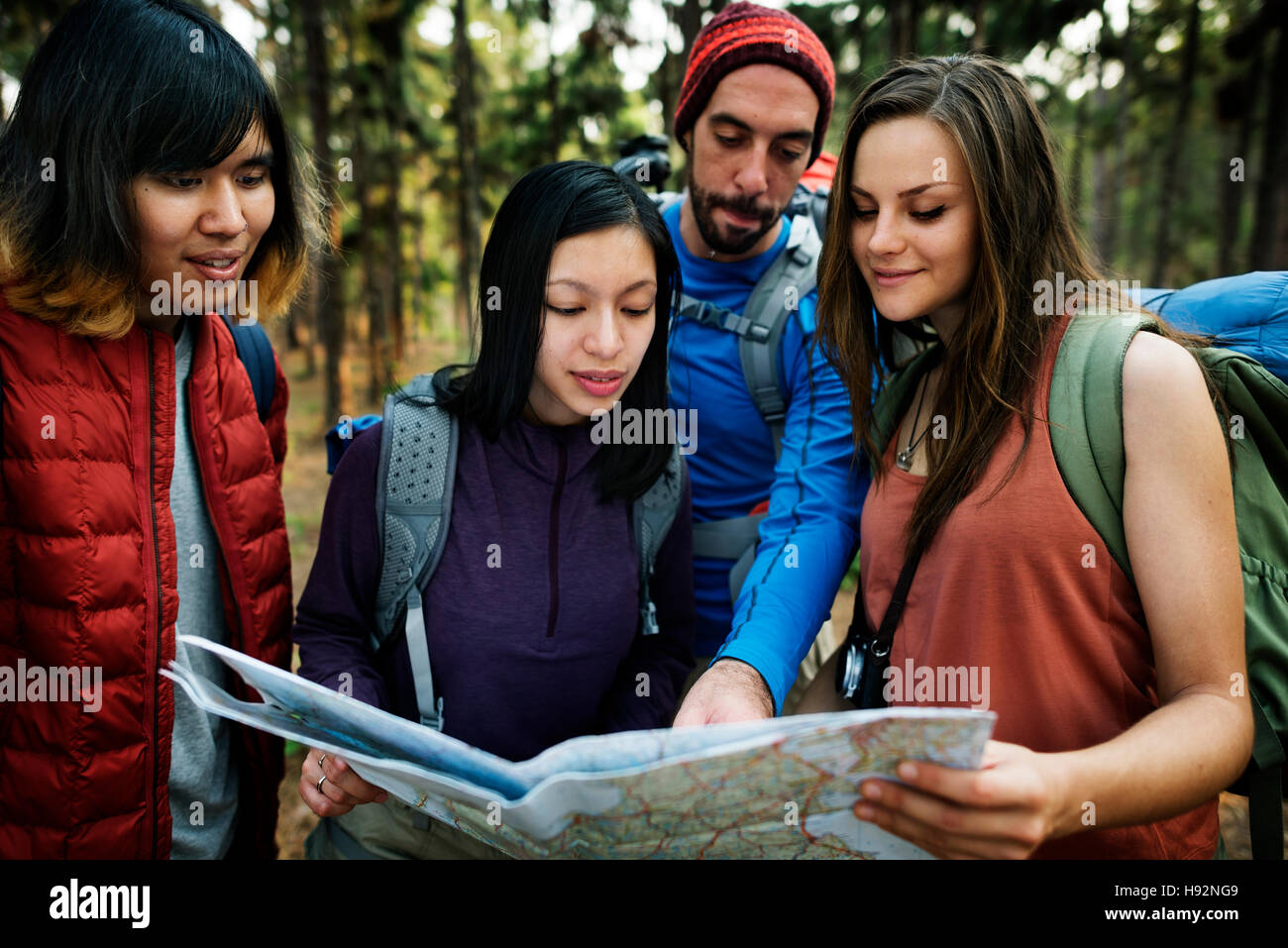 Camping Friendship Backpacker Map Deirection Concept Stock Photo - Alamy