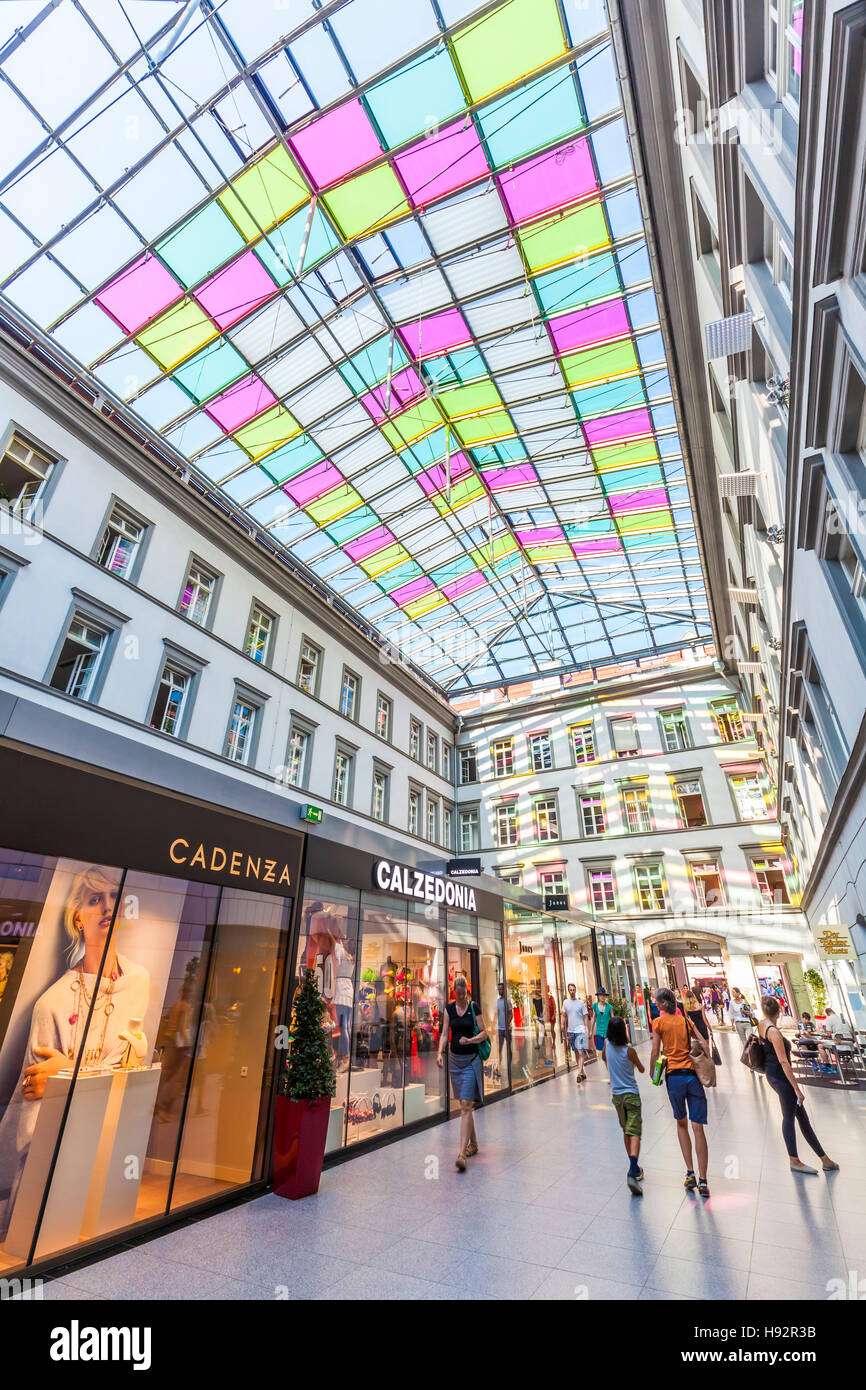 SHOPS AT RATHAUS GALERIEN SHOPPING ARCADE, INNSBRUCK, TYROL, TIROL, AUSTRIA Stock Photo