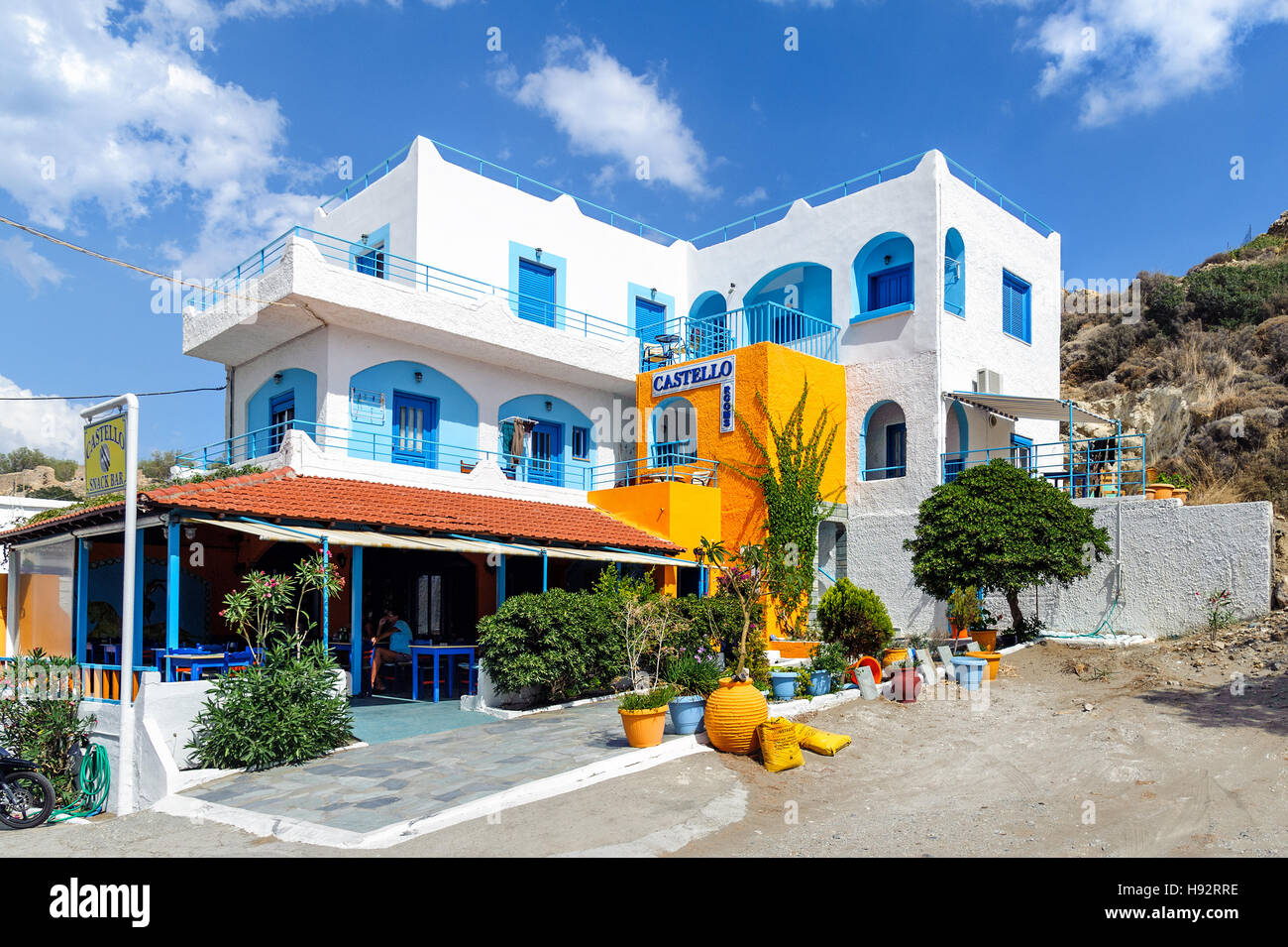 PALEOCHORA, CRETE, GREECE - JUNE 2016: Traditional white blue Greek village on Crete island Stock Photo