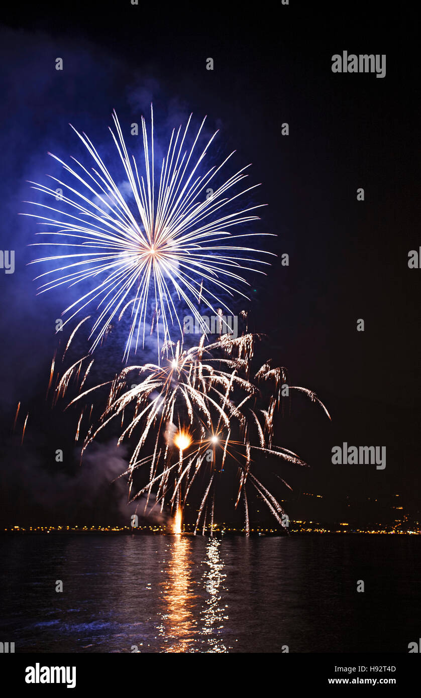 Fireworks display over Lake Garda, Limone sul Garda, Lombardy  region, South Tyrol, Italy. Stock Photo