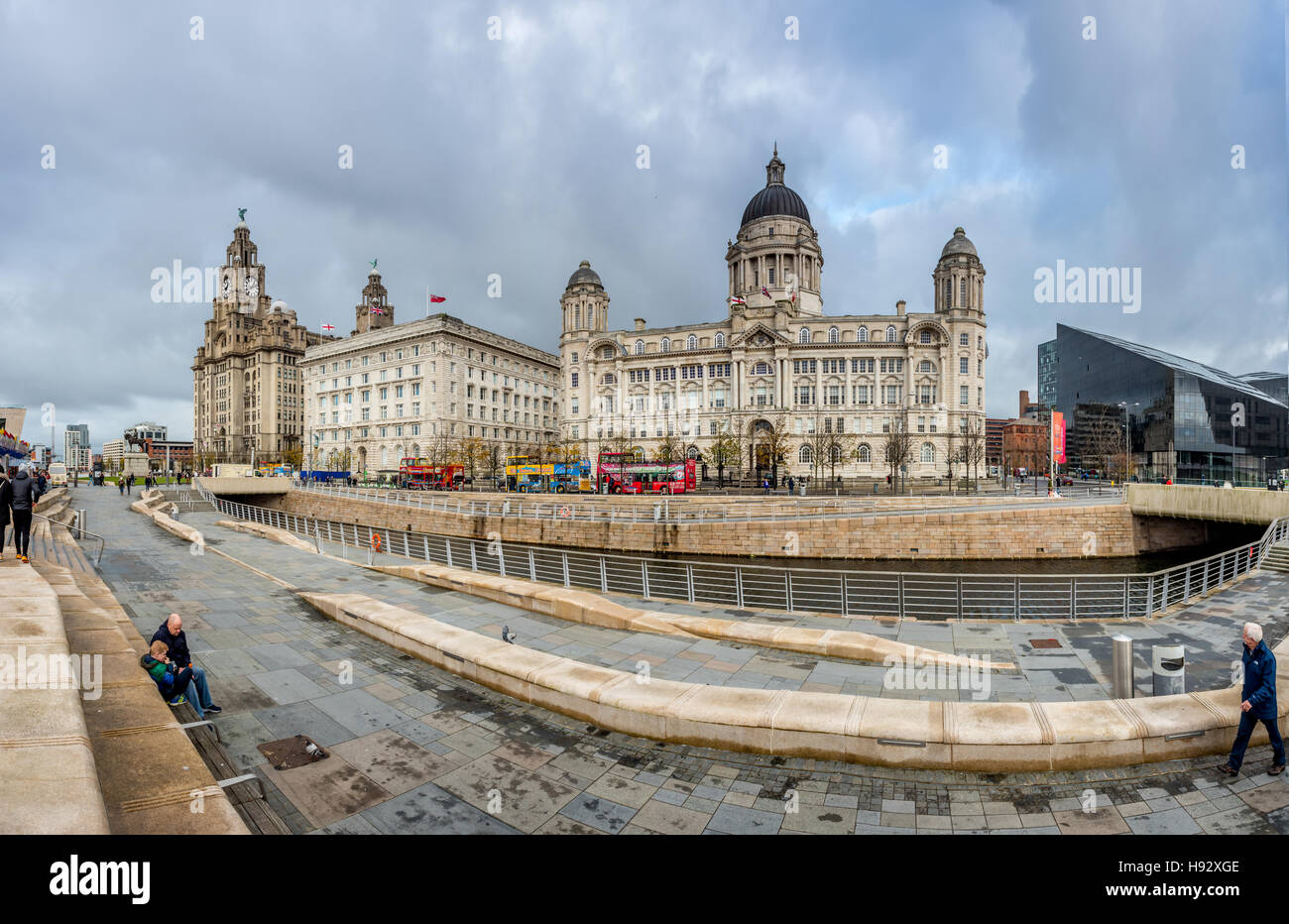 The Three Graces of Liverpool; The Royal Liver Building, The Cunard Building and the Port of Liverpool Building at the Pier Head Stock Photo