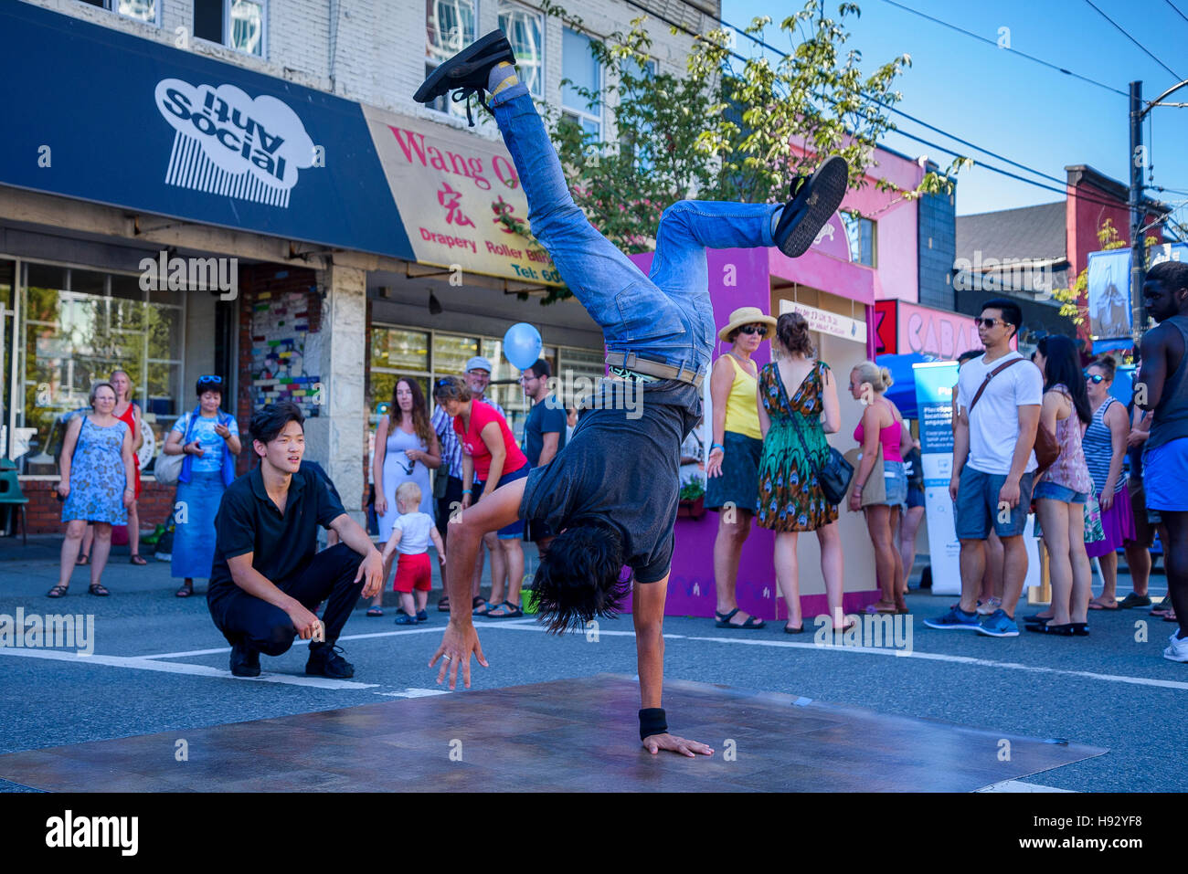 Street level hip hop break dancing demo, Vancouver, British Columbia, Canada, Stock Photo