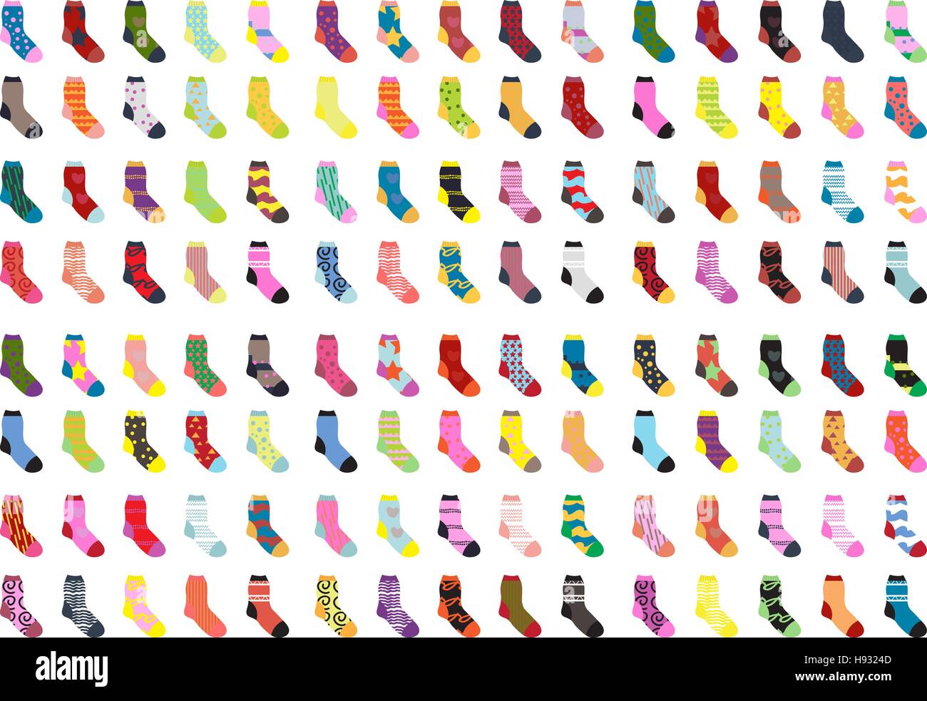 Socks big set icons. Socks collection, flat design. Socks isolated on white background. Warm woolen socks with cute patterns. Winter socks. Vector illustration Stock Vector