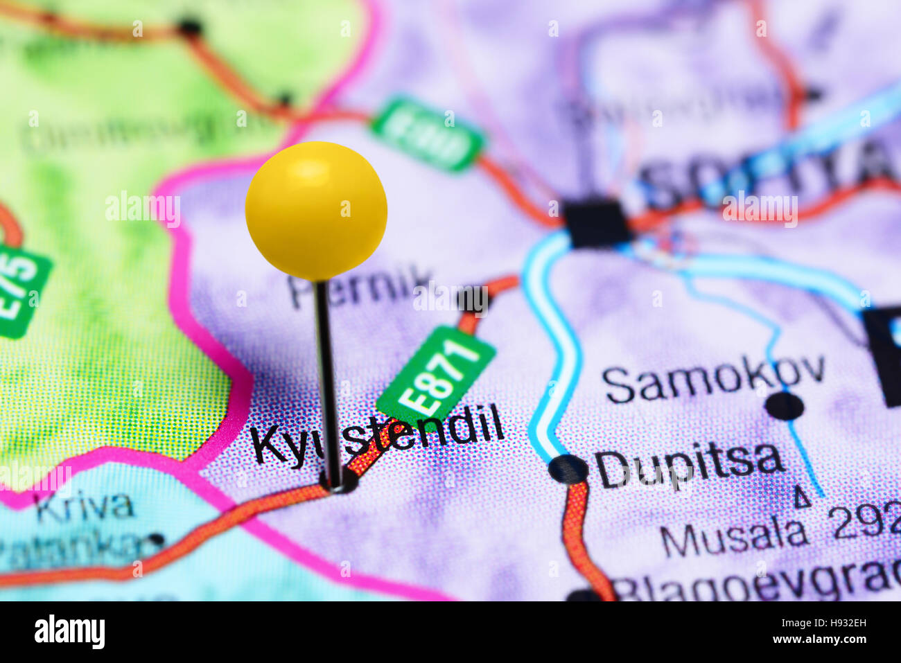 Kyustendil pinned on a map of Bulgaria Stock Photo - Alamy