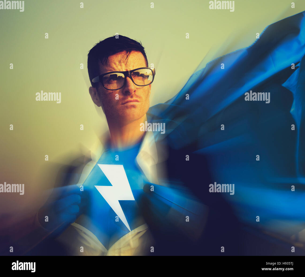 Strong Superhero Businessman Lightning Bolt Concept Stock Photo
