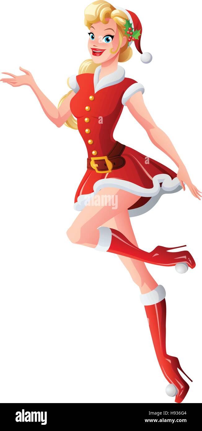 Vector beautiful woman in red Christmas Santa Claus outfit presenting Stock Vector