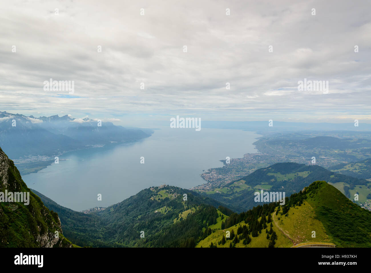 Lake Geneva and Montreux city from the view platform on Rochers-de-Naye Stock Photo