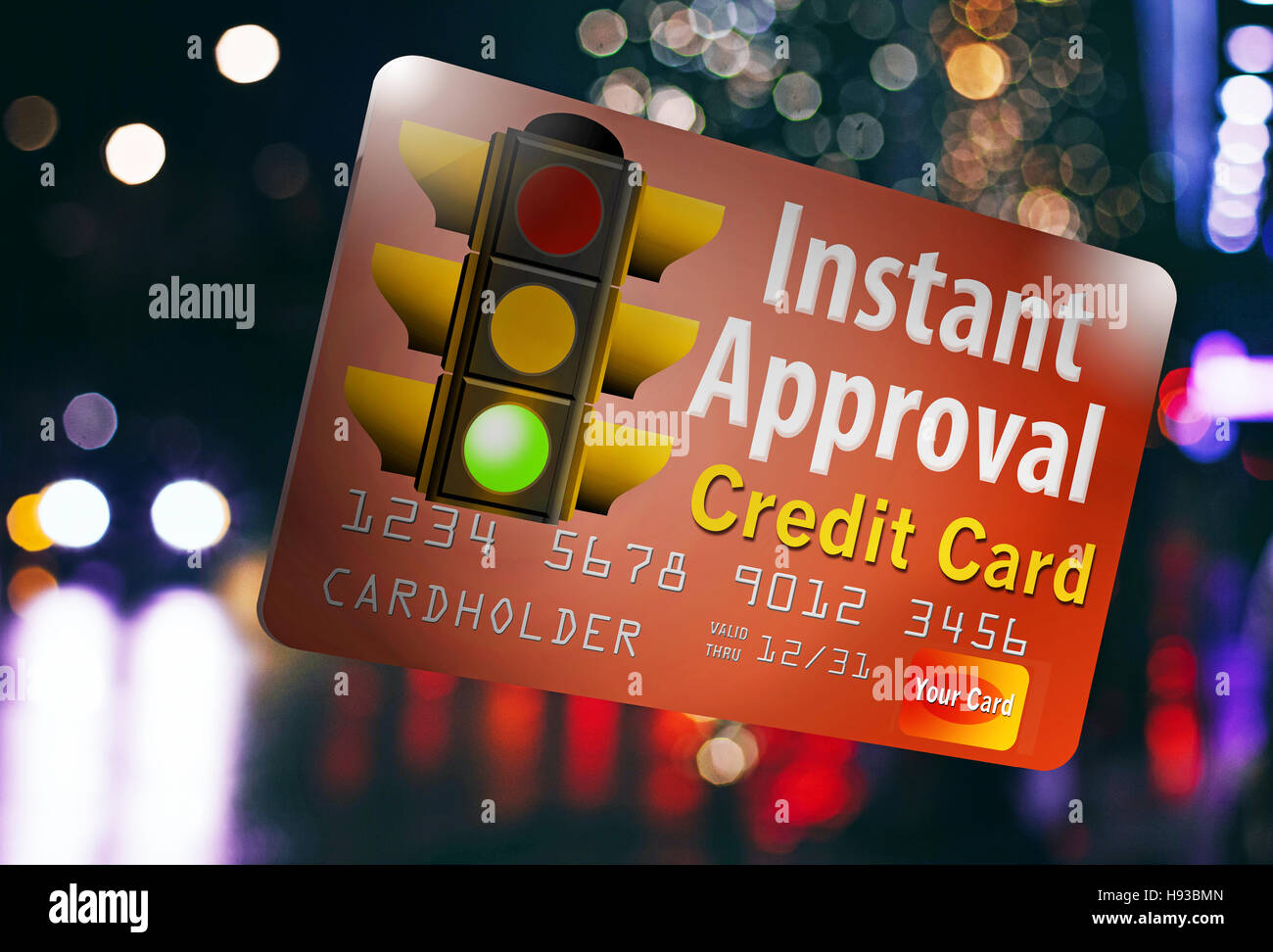 Instant Approval Credit Card With A Green Light For Being Approved Quickly Traffic Light With Traffic At Night Stock Photo Alamy