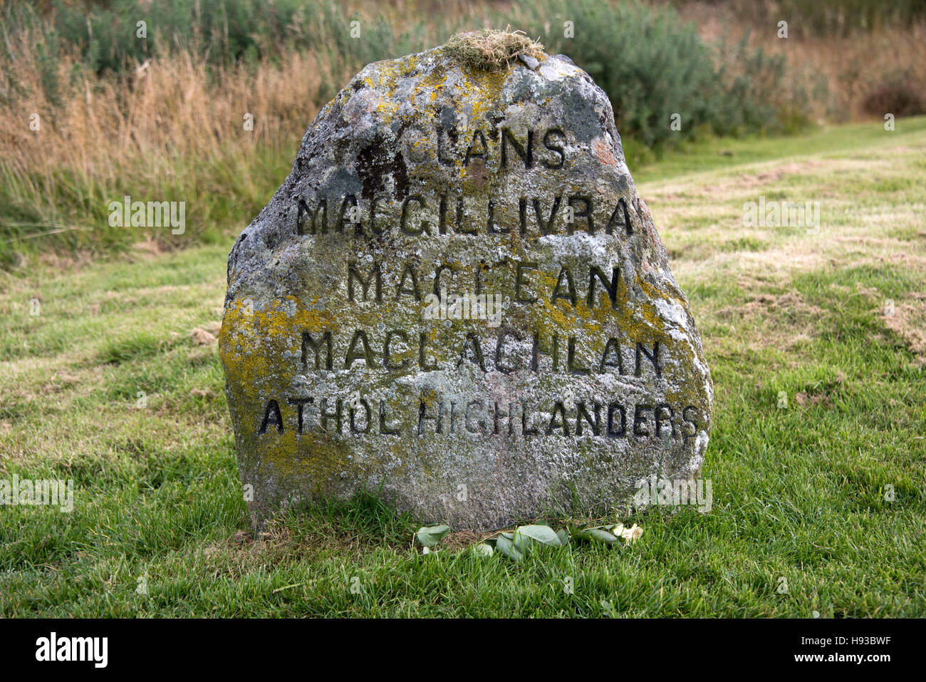 Battle of Culloden clan memorial stone marker (Clans MacGillivray, MacLean, MacLaghlan). Stock Photo