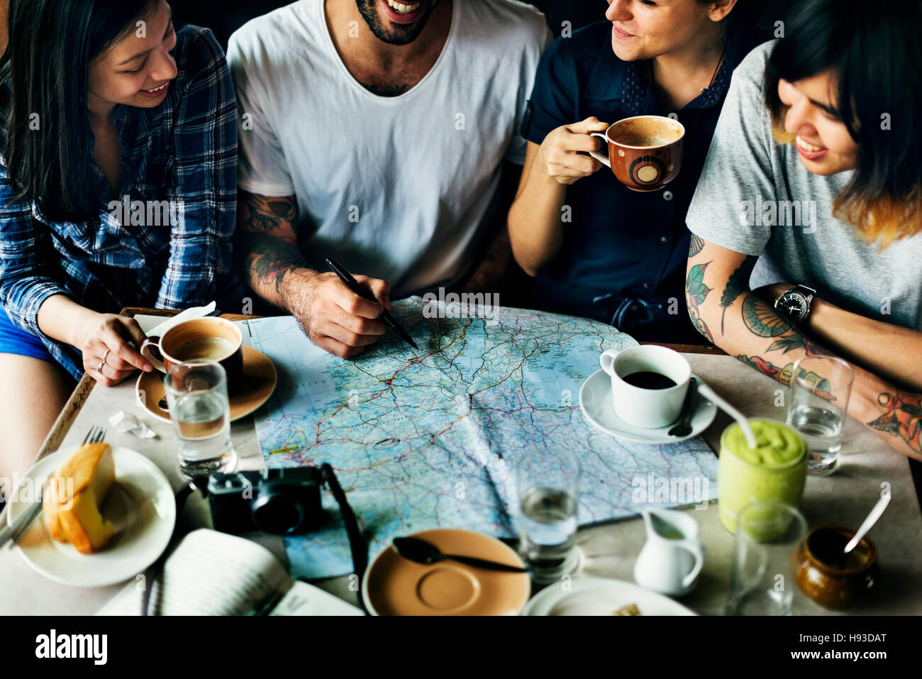 Camping Coffee PLanning Togetherness Happiness Concept Stock Photo