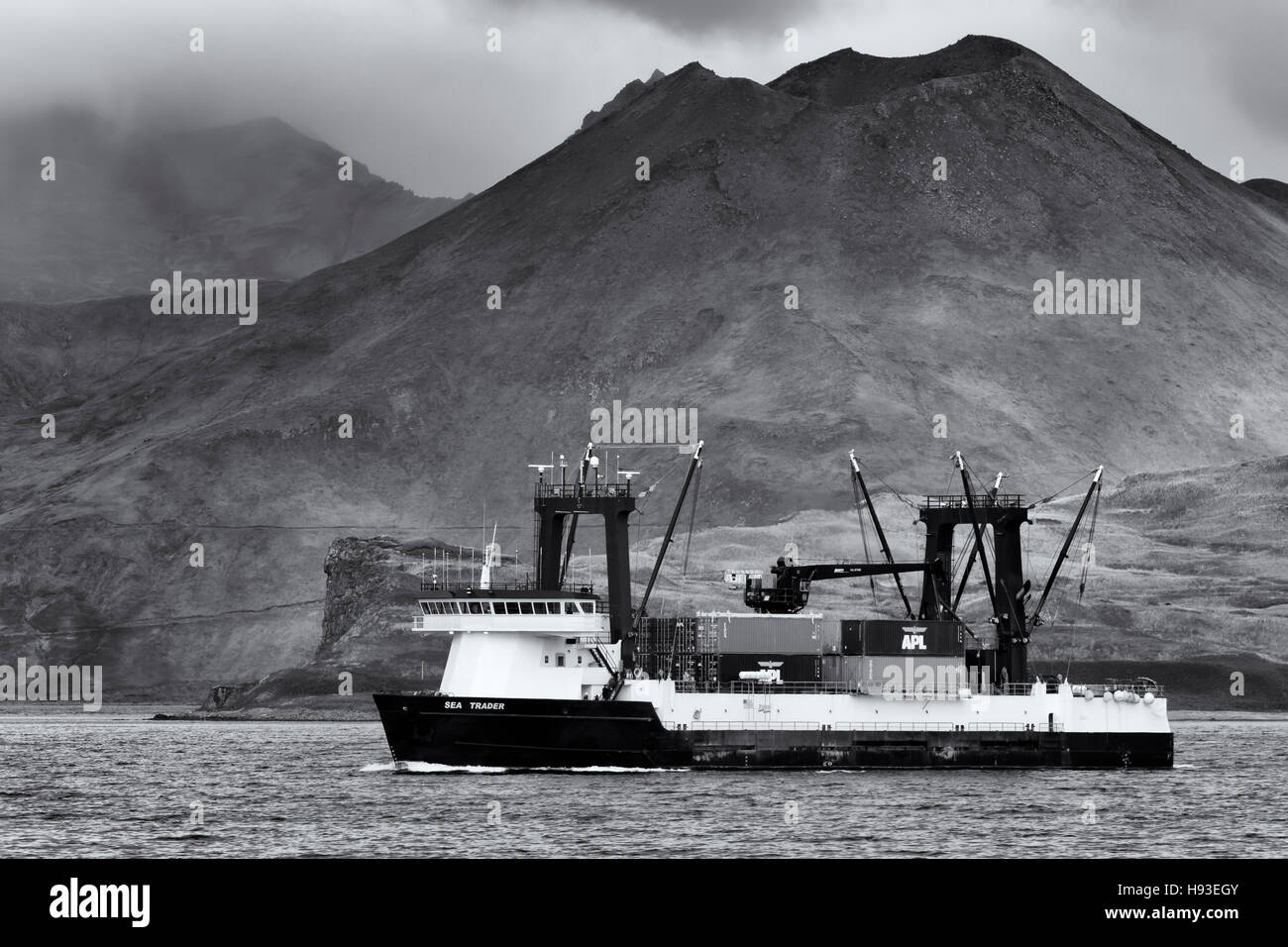 Container ship in Unalaska Bay, Dutch Harbor, Aleutian Islands, Alaska, USA Stock Photo