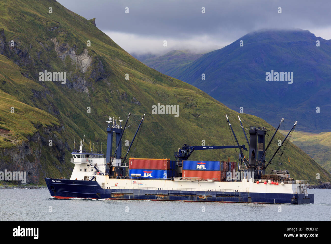 Sea Trader  in Unalaska Bay, Dutch Harbor, Aleutian Islands, Alaska, USA Stock Photo