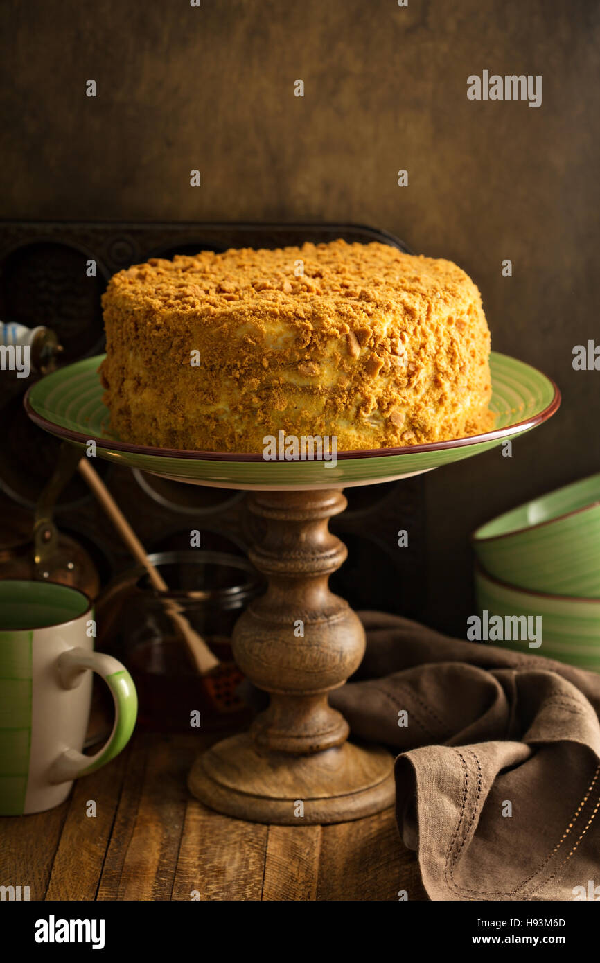 Caramel cake with honey and cream frosting Stock Photo