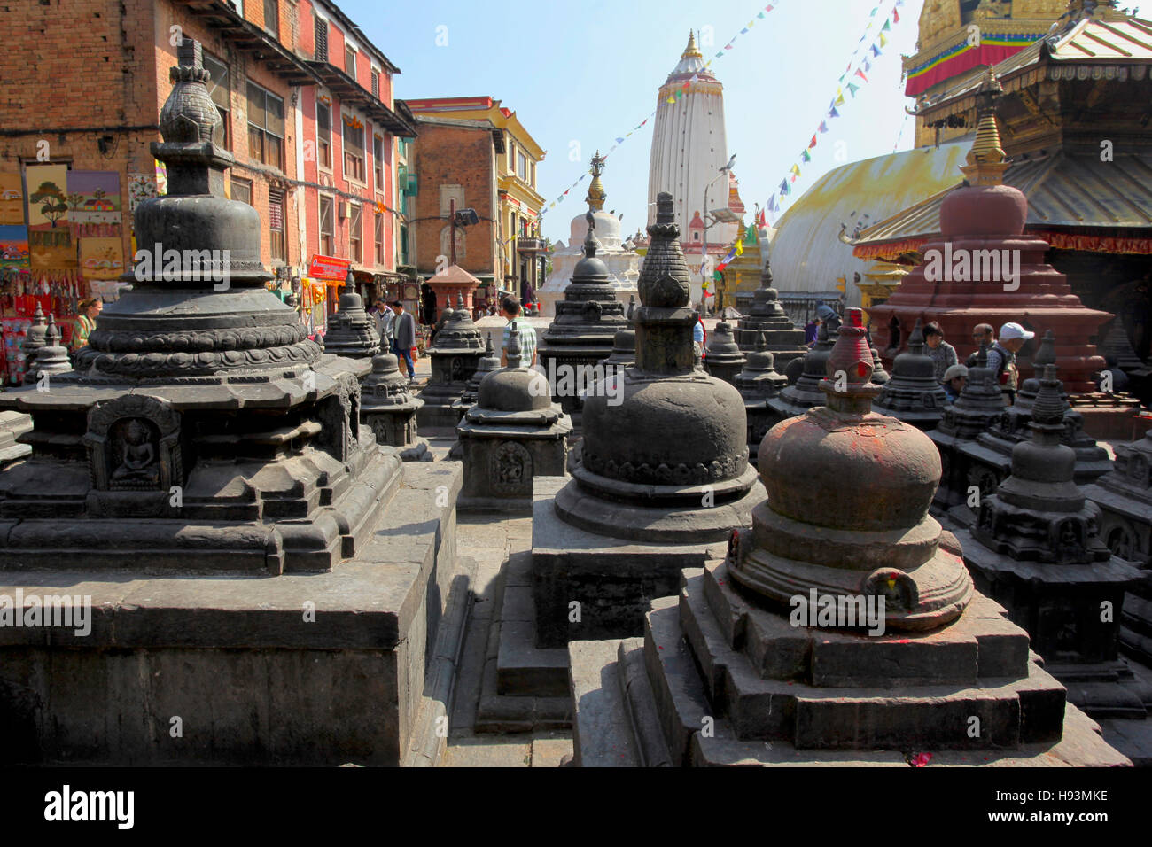 Tombs at the Swayambhunath, also known as Monkey Temple. Kathmandu, Nepal. Stock Photo