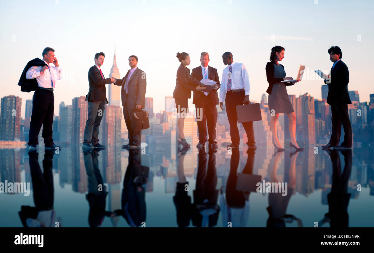 Business People Working Together Rooftop City Concept Stock Photo