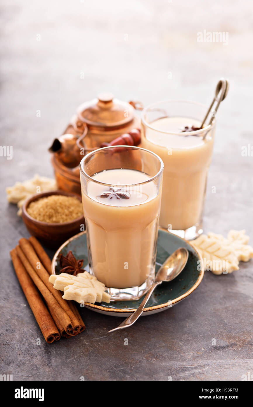 Hot masala tea with spices Stock Photo