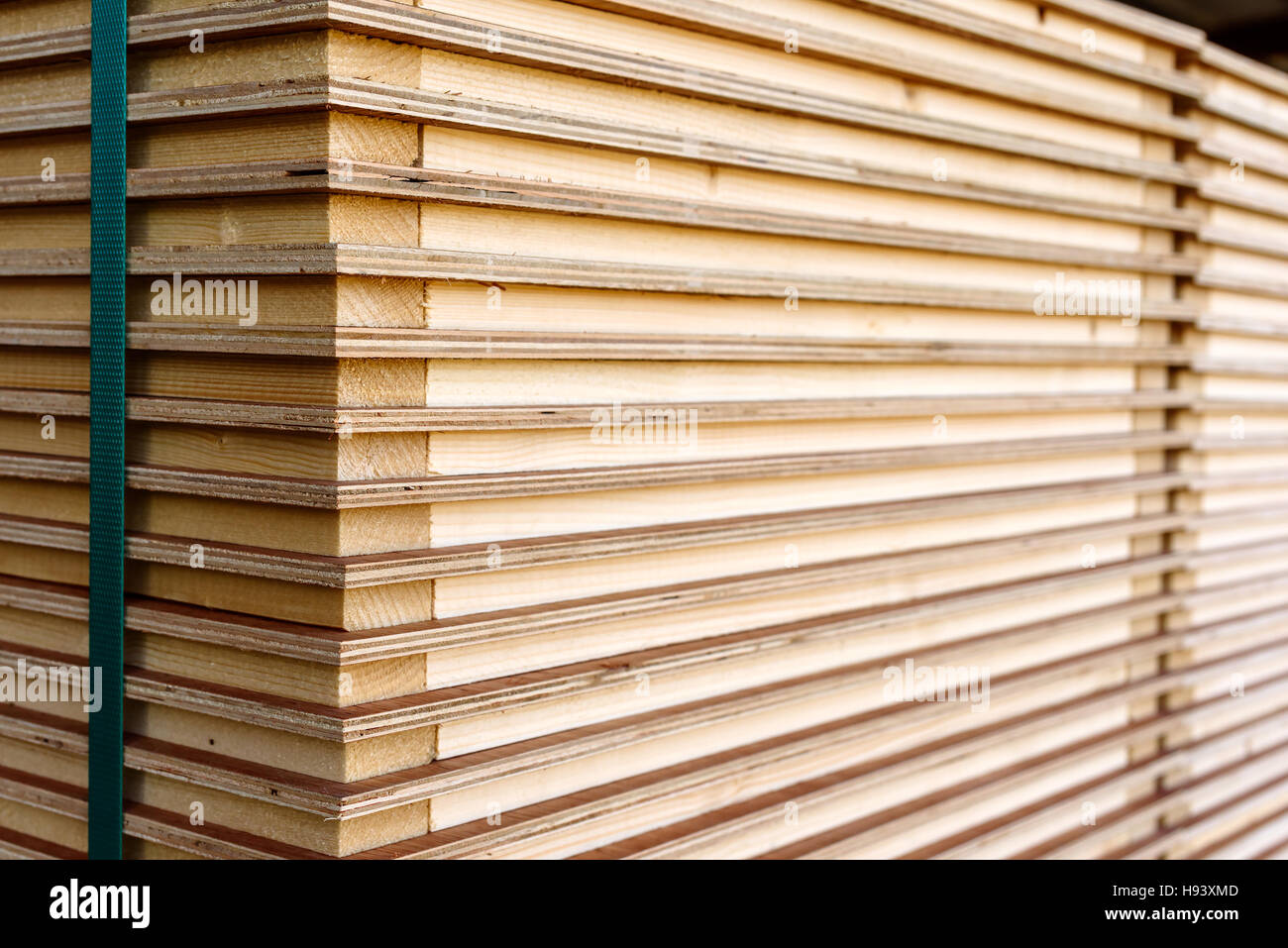 Close up of plywood boards strapped on a pallet for transport. Copy space. Stock Photo