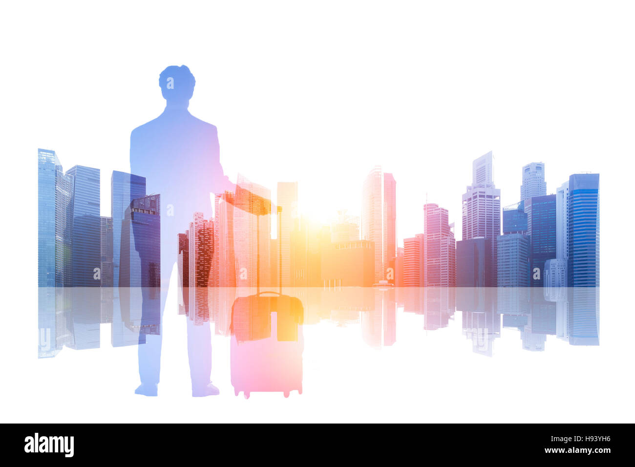 Business travel double exposure concept with a city skyline in background, businessman, trolley bag, cityscape with skyscrapers Stock Photo