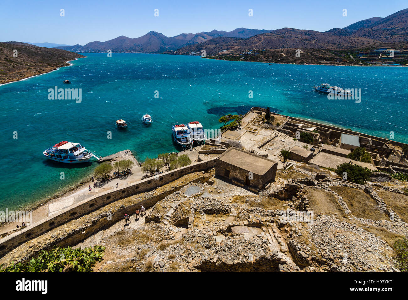 CRETE, GREECE - JULY 11, 2016: View of the Gulf of Elounda from a fortress on Spinalonga island. Stock Photo