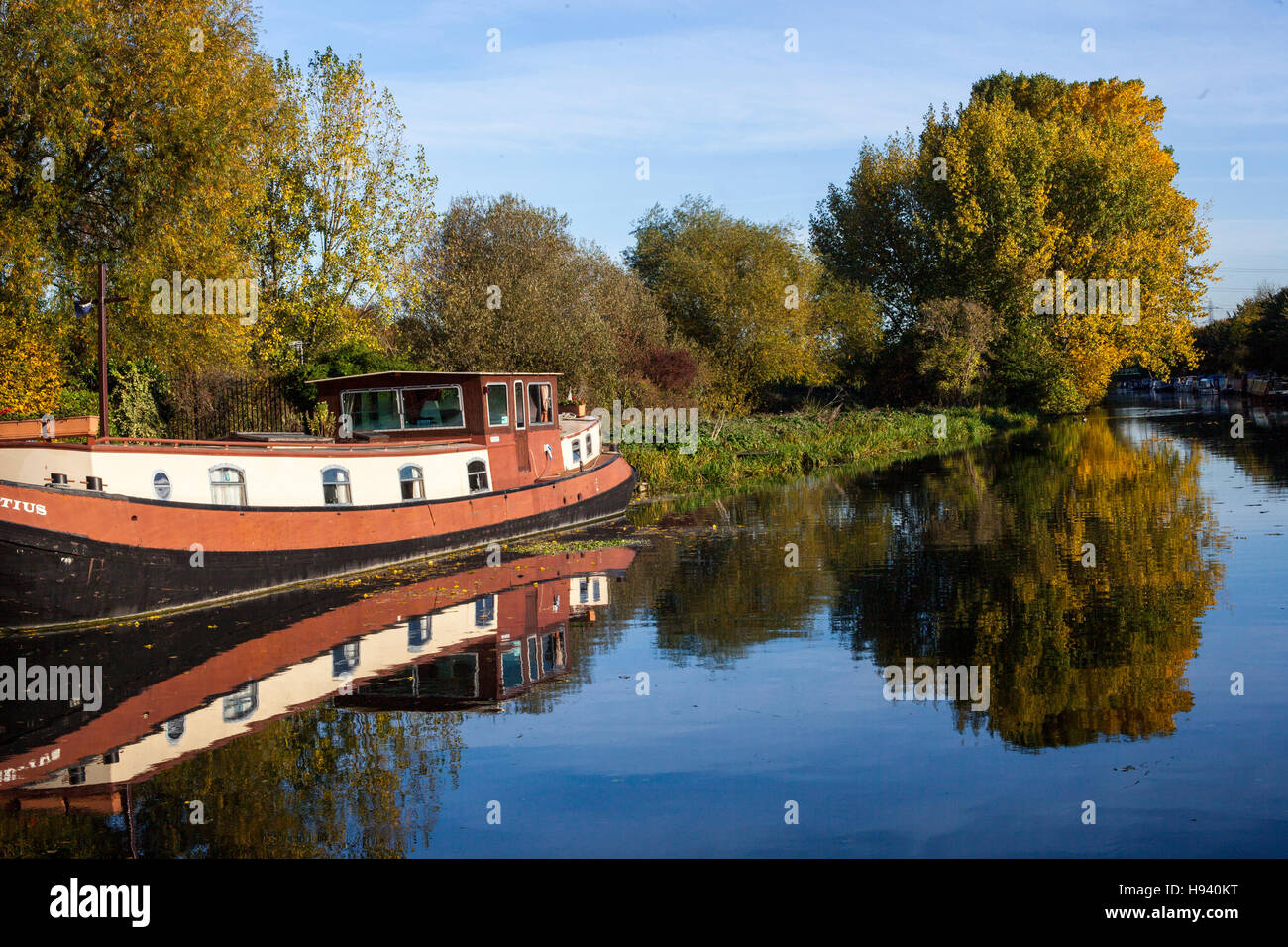 Boat reflections on the River Lea Stock Photo