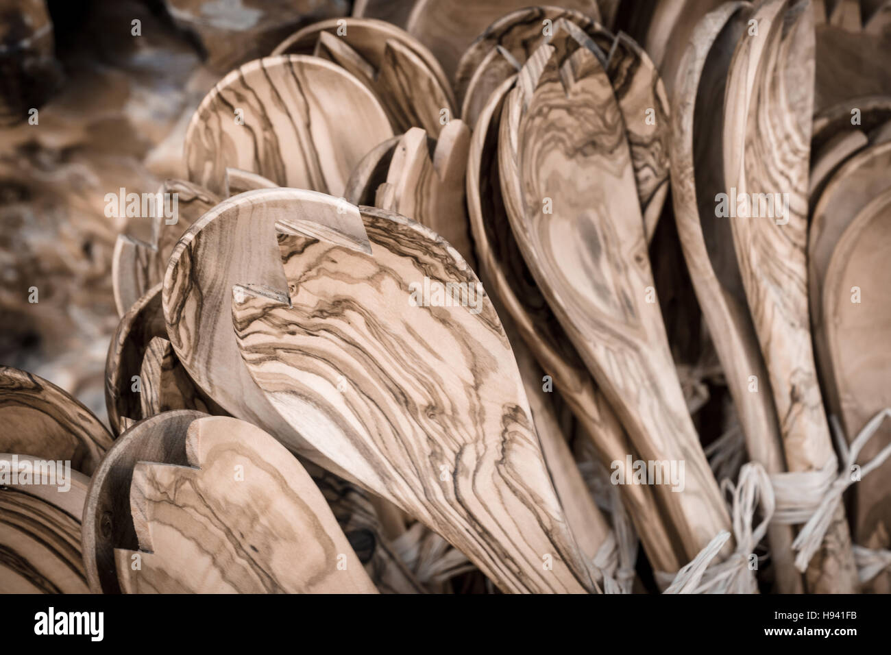 Kitchen utensils from olive wood. Traditional Cretan souvenirs. Greece