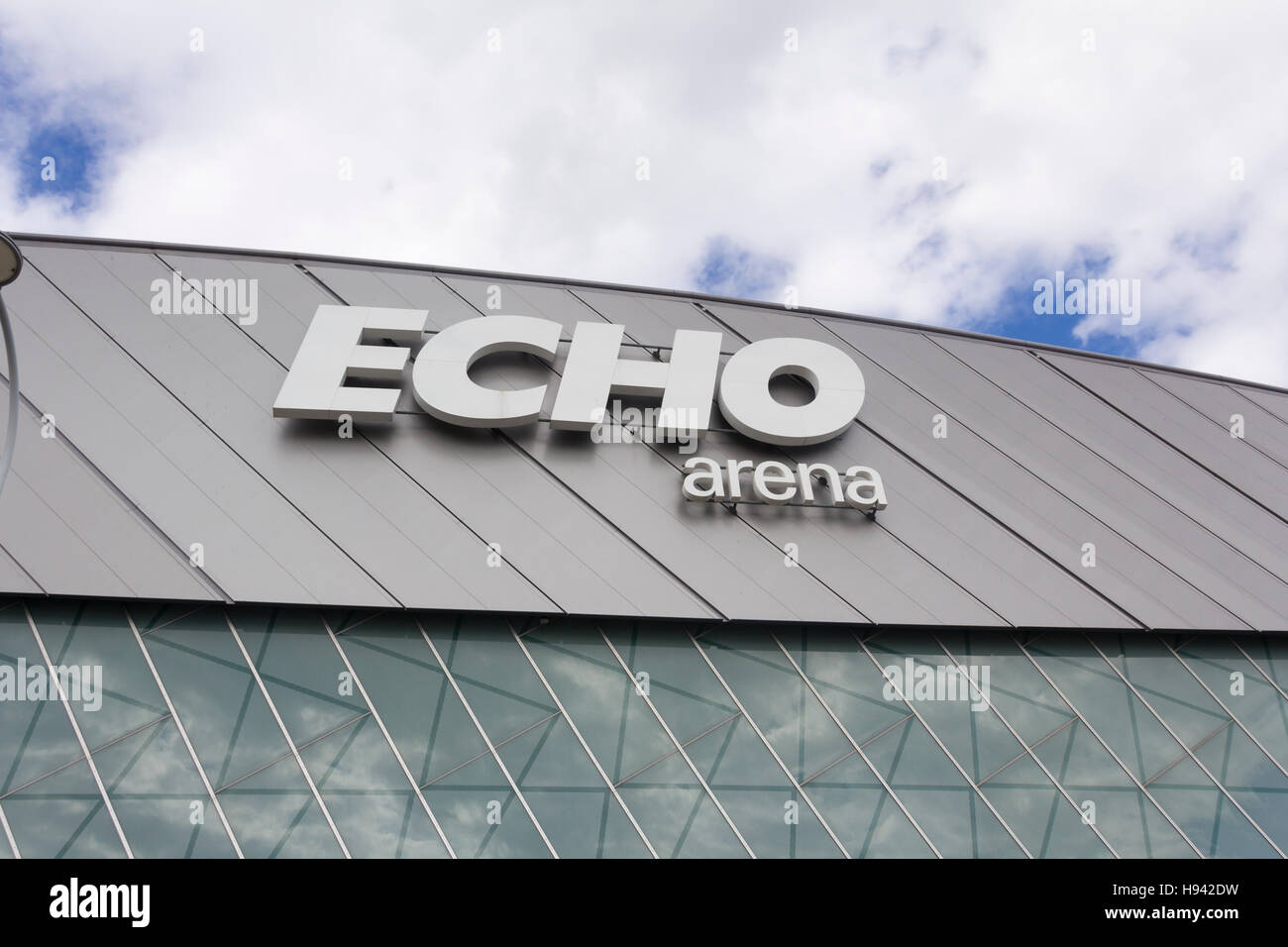 Exterior sign on the Echo Arena, Liverpool one of the three adjacent