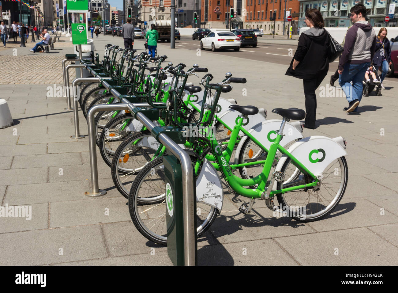 Liverpool Citybike hire station on Strand Street near Albert Dock. The scheme is operated by Liverpool City Council as part of their sustainable trans Stock Photo