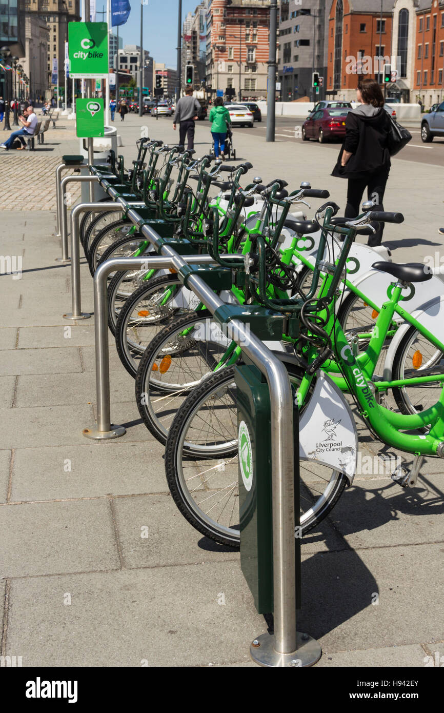 Liverpool Citybike hire station on Strand Street. The sustainable transport scheme is operated by Liverpool City Council. Stock Photo