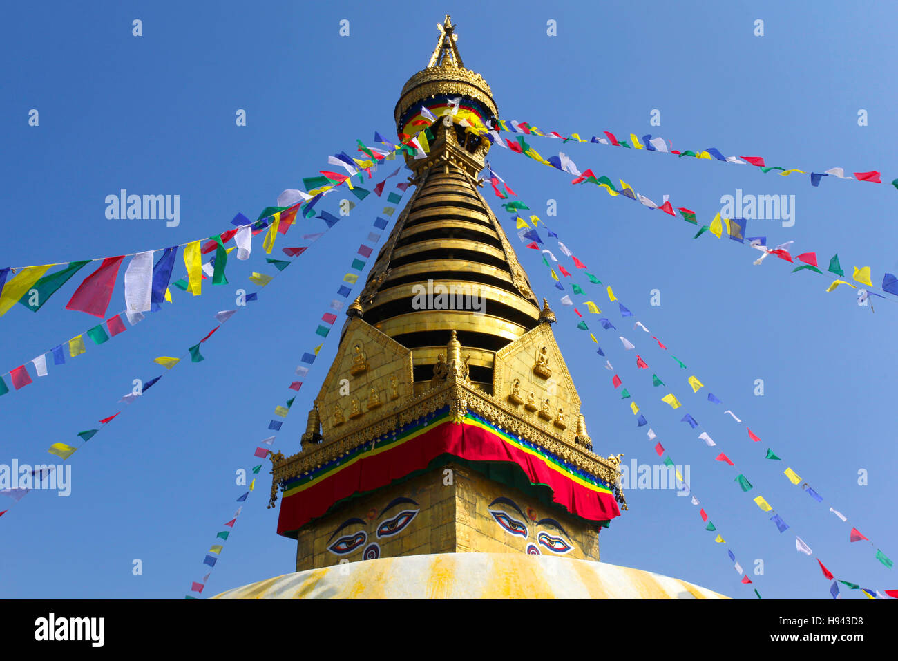 Detail of the stupa of Swayambhunath, also known as Monkey Temple. Kathmandu, Nepal. Stock Photo