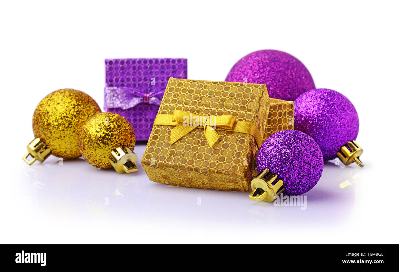 Christmas gifts and decorations isolated on white background Stock