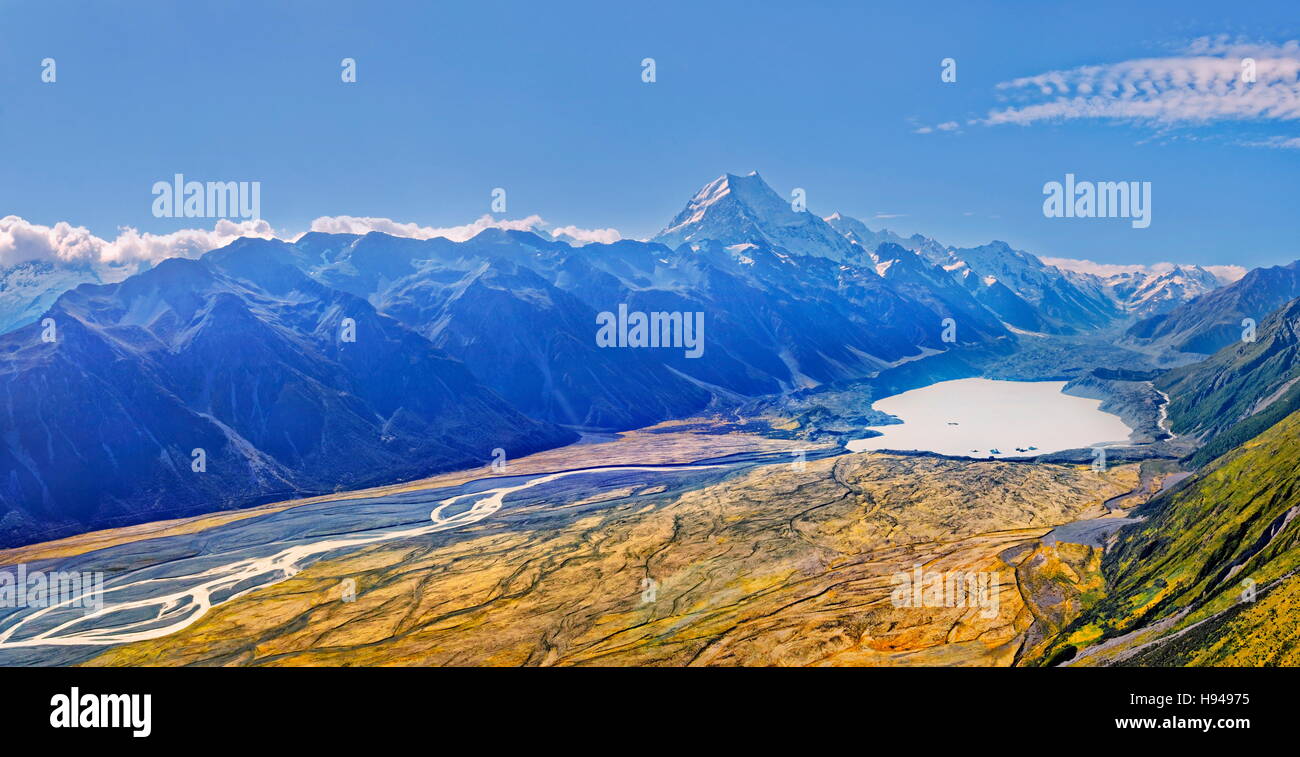 The Tasman Glacier and the peak of Mount Cook, Aoraki, Mount Cook National Park, New Zealand Alps, South Island, New Zealand Stock Photo