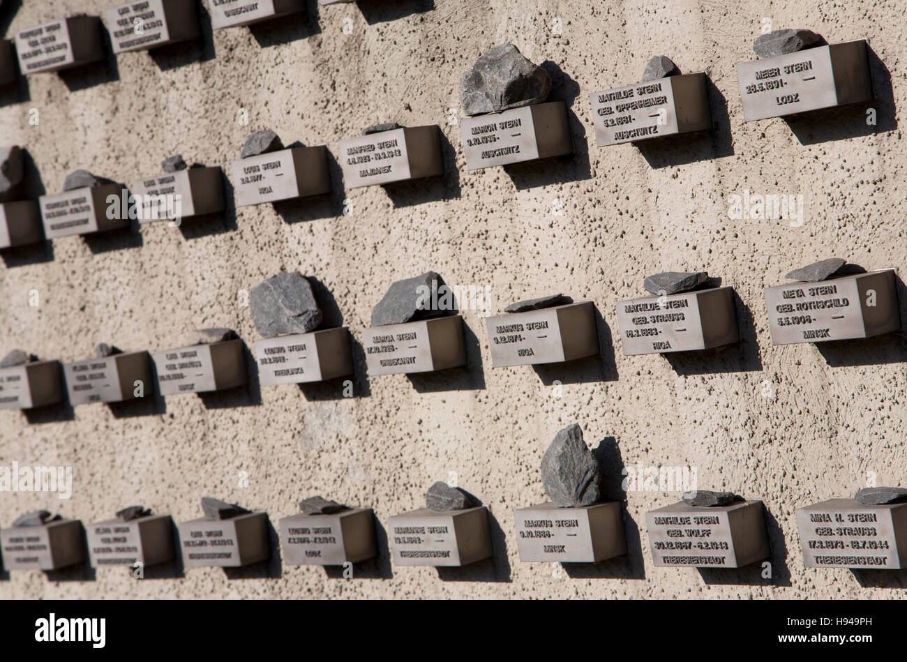 Memorial plaques on the exterior wall of the Old Jewish Cemetery