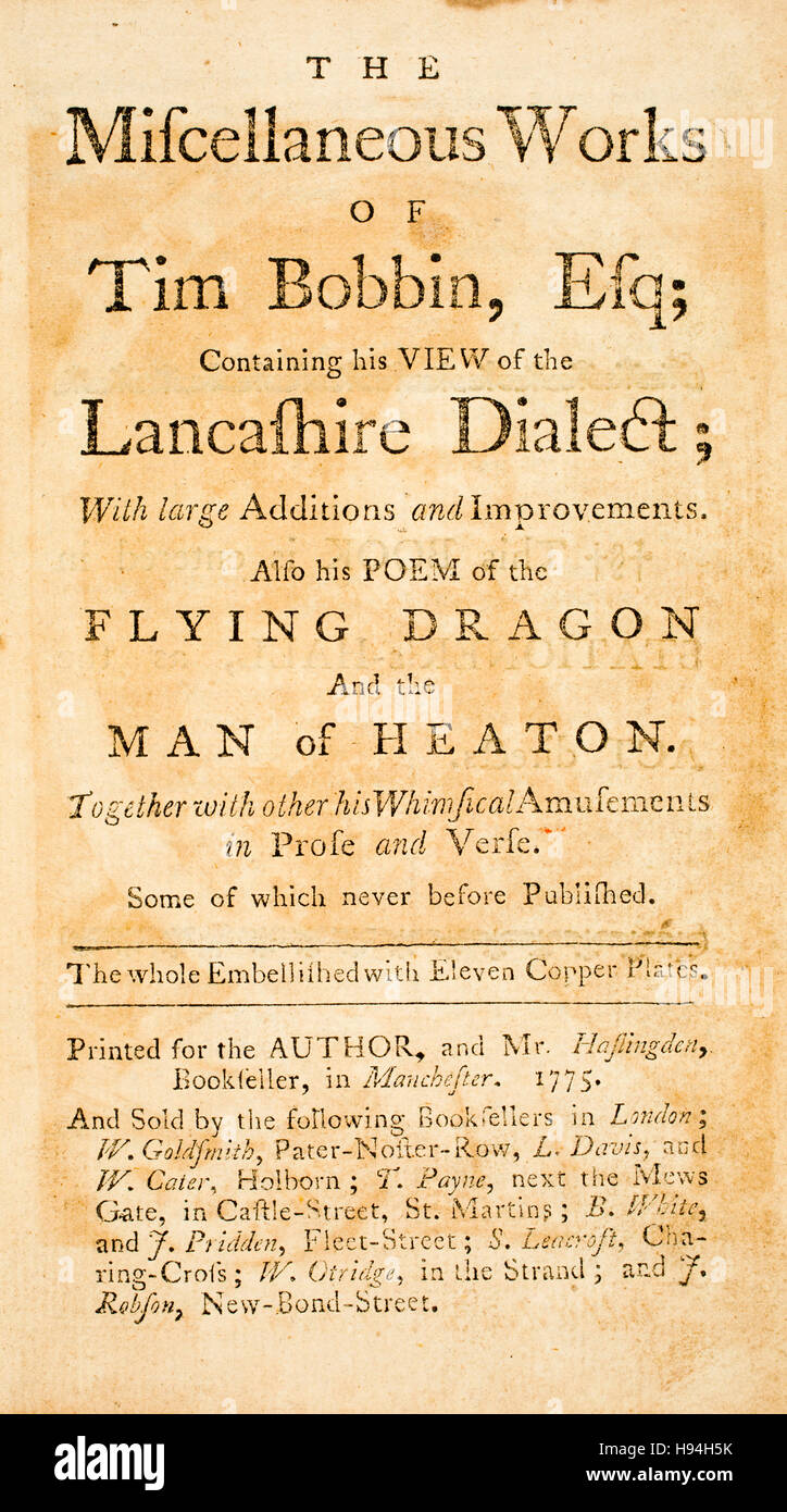 1775 Title page plate of The Miscellaneous Works of Tim Bobbin containing his view of the Lancashire Dialect Stock Photo