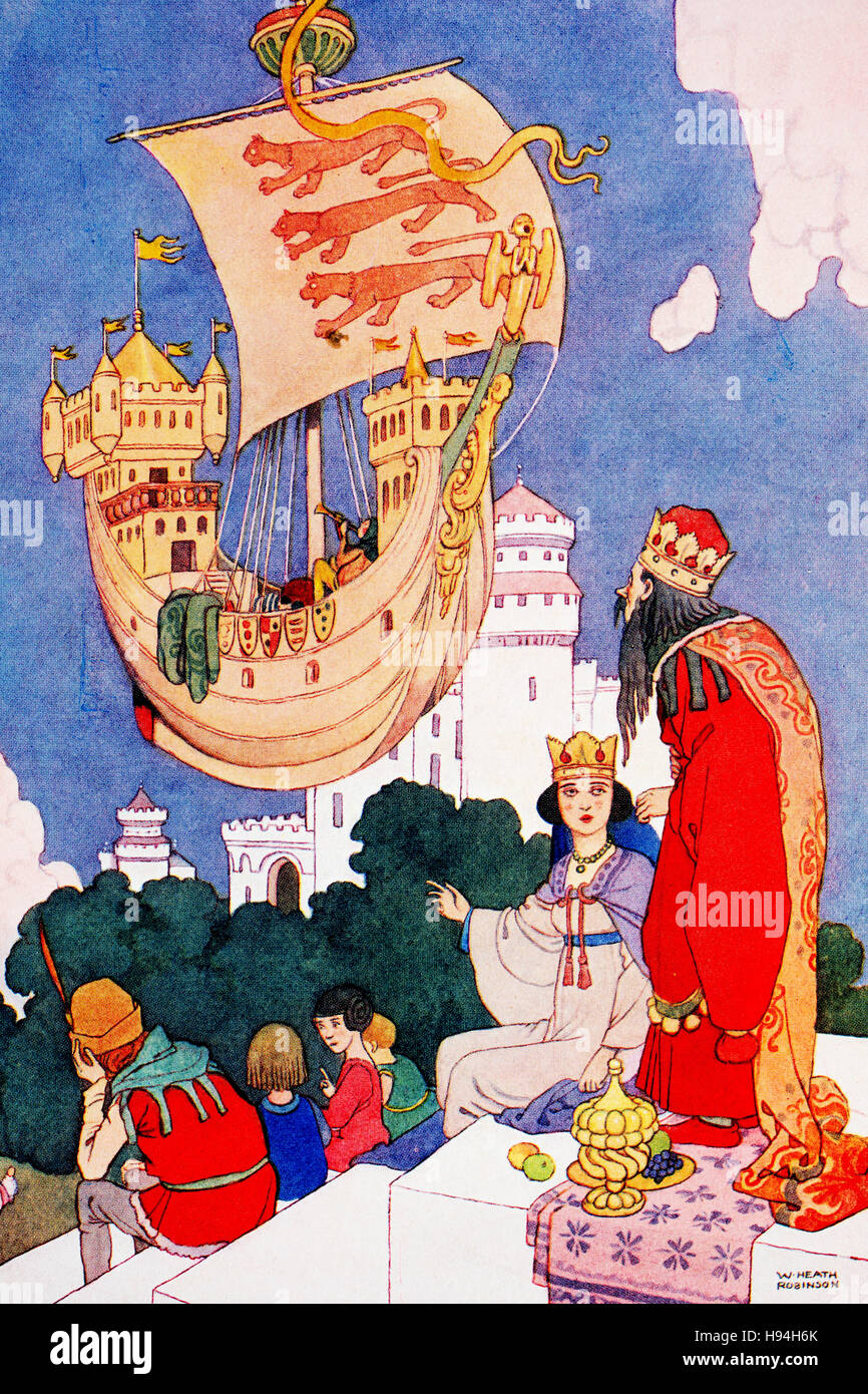 Flying ship above royal palace, half tone colour Children’s Book Illustration by William Heath Robinson, from 1934 Book of Goblins, The Three Tasks Stock Photo