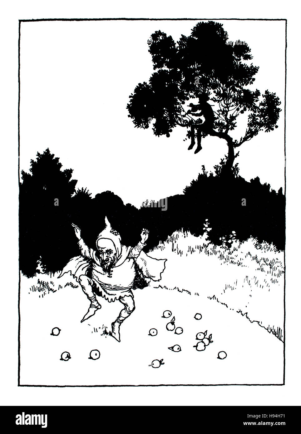 Hondiddledo began to play softly on his fiddle, Children’s Book Illustration by William Heath Robinson from 1934 Book of Goblins Stock Photo